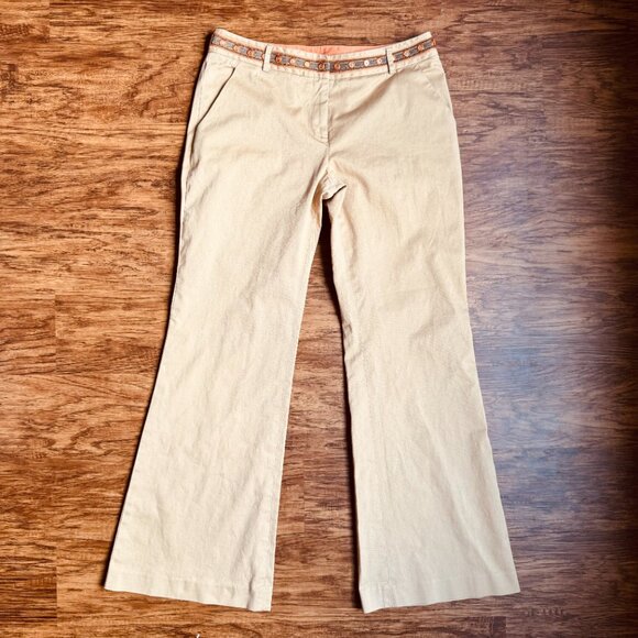 Tory Burch Khaki Orange Embroidered Embellished Flare Leg Pants Size 10 - Picture 3 of 7